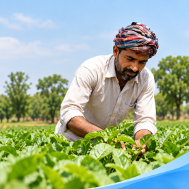 farmer tending lush green crops