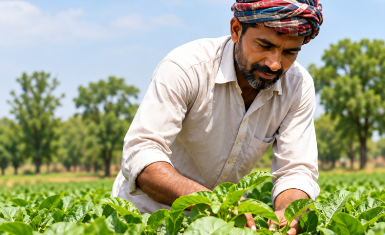 farmer tending lush green crops