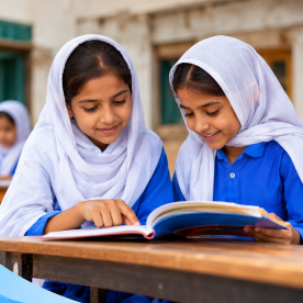 schoolgirls reading together at a classroom desk