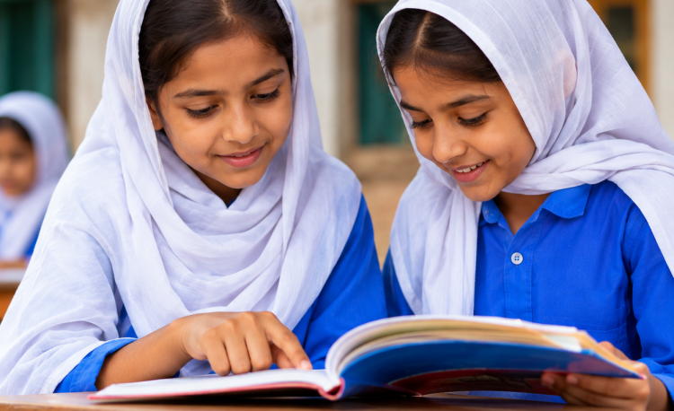 schoolgirls reading together at a classroom desk