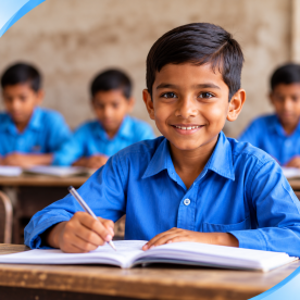 smiling schoolboy in blue uniform
