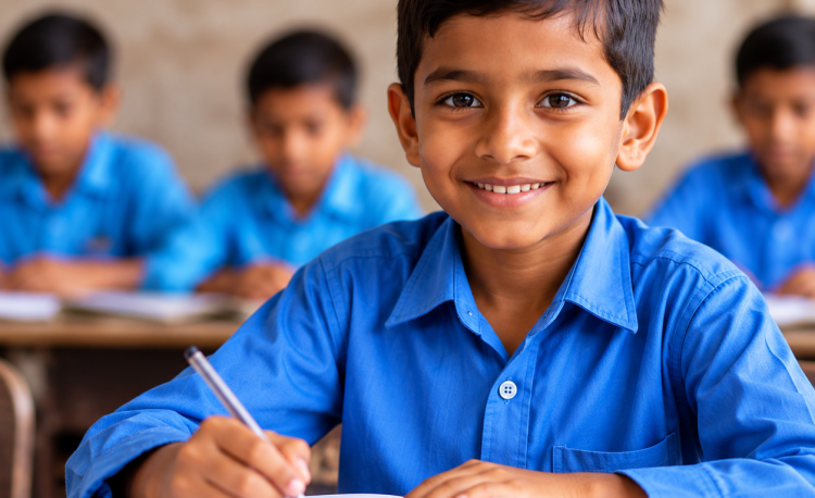 smiling schoolboy in blue uniform